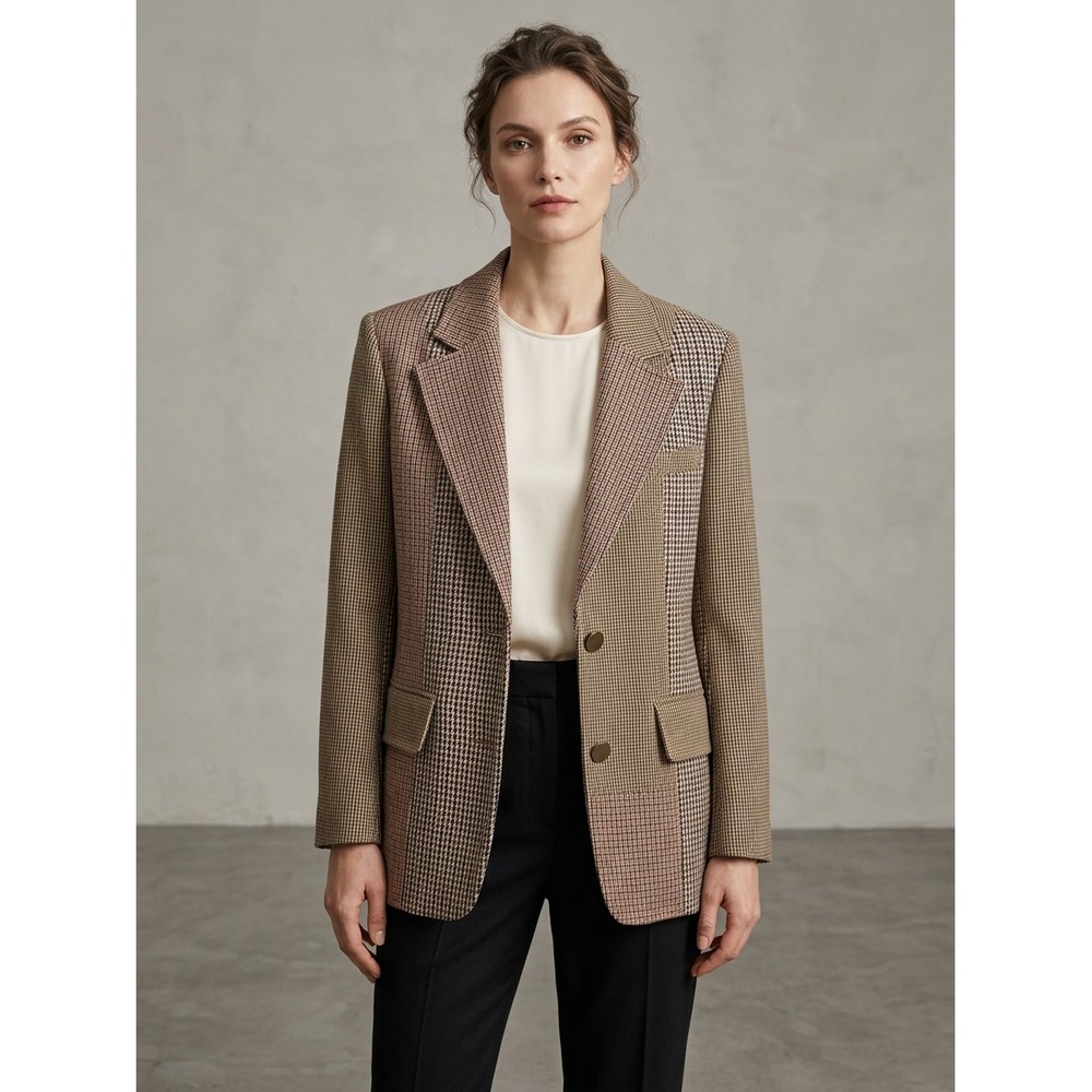 SJYP Steve J & Yoni P Patchwork Houndstooth Wool Blazer Brown Size XS
